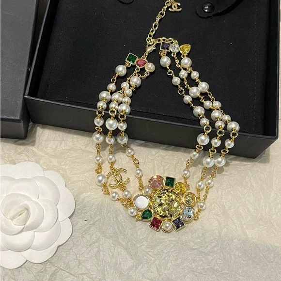 CHANEL Gold-Tone Multi-Gem & Pearl Layered Necklace - Picture 3 of 7